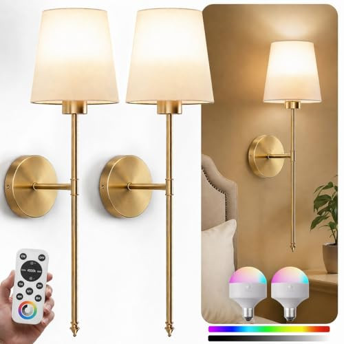 IRONPAX Wall Sconces Battery Operated Set of 2, Wireless Rechargeable Wall Sconce Set of Two, Dimmable Wall Lights with Remote for Bedroom Living Room Hallway Decor (Gold, Fabric Shade) | Amazon (US)