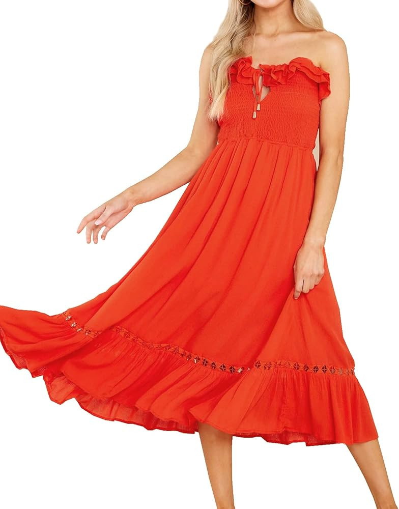 R.Vivimos Womens Summer Cotton Spaghetti Straps V-Neck Ruffle Casual Boho Midi Flowy Dress | Amazon (US)