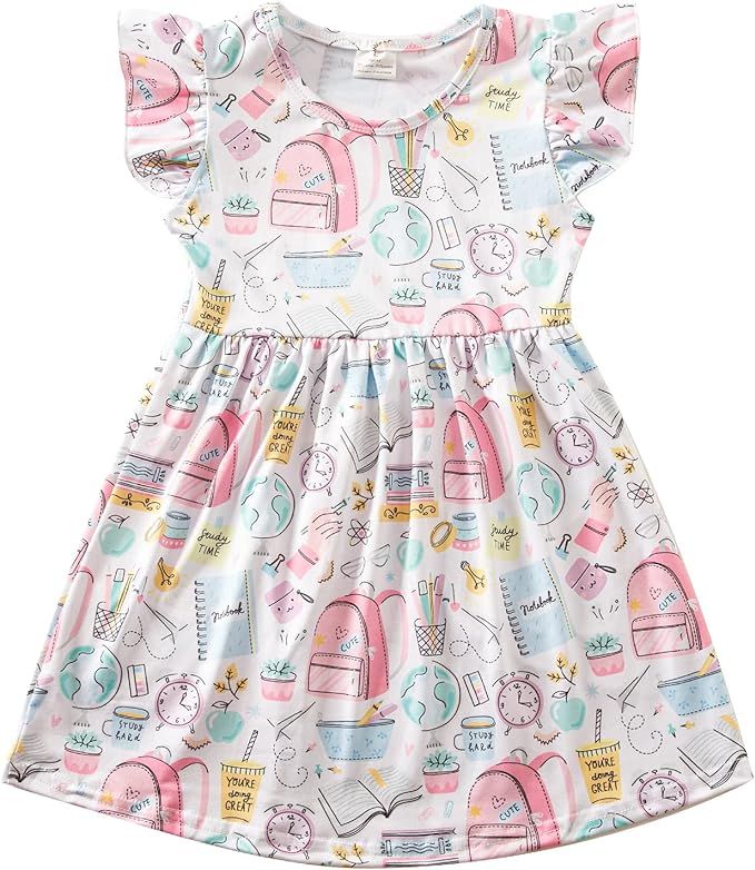 Toddler Girls Back to School Apple Pencil Dress Causal Flutter Sleeve Ruffle Bottom Dress Summer ... | Amazon (US)