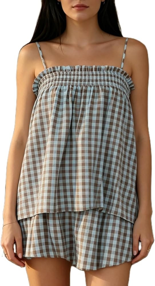 Women\u2018s Gingham Pajama Set Babydoll Tank Top Matching Plaid Shorts Y2k Sleepwear Two Piece L... | Amazon (US)