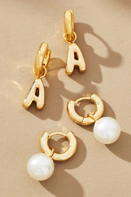 Bubble Letter Monogram and Pearl Earrings, Set of 2 | Anthropologie (US)