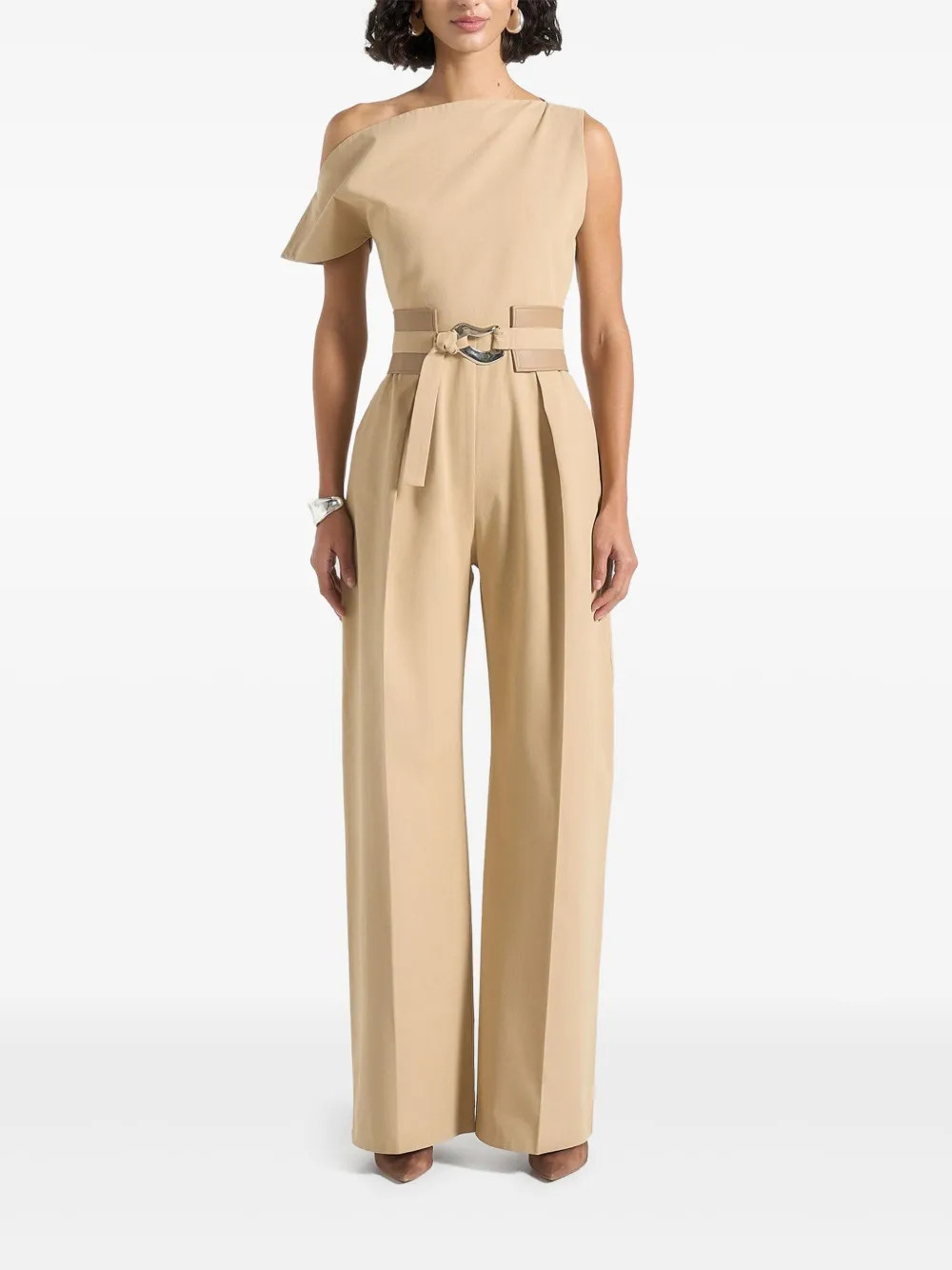 Manière De Voir Valerie off-shoulder belted beige tailored jumpsuit - Neutrals | Farfetch Global