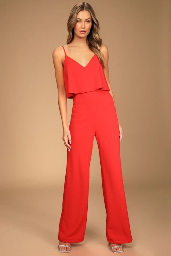 Make It a Date Coral Red Sleeveless Wide-Leg Jumpsuit | Lulus (US)