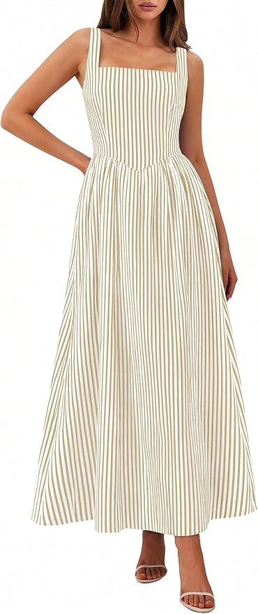 PRETTYGARDEN Women's Maxi Dress Summer Striped Sundress 2026 Spring Smocked A Line Long Flowy Bea... | Amazon (US)