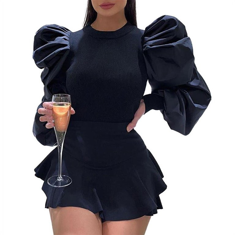 One opening 2020 Retro Womens Long Puff Sleeve Blouse Shirts Spring Fall Black White Solid Fashio... | Walmart (US)