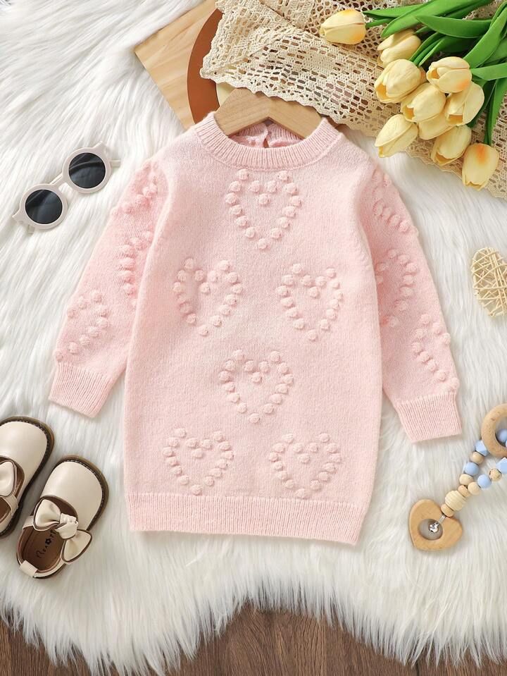 Baby Girl Heart Pattern Keyhole Back Sweater Dress | SHEIN