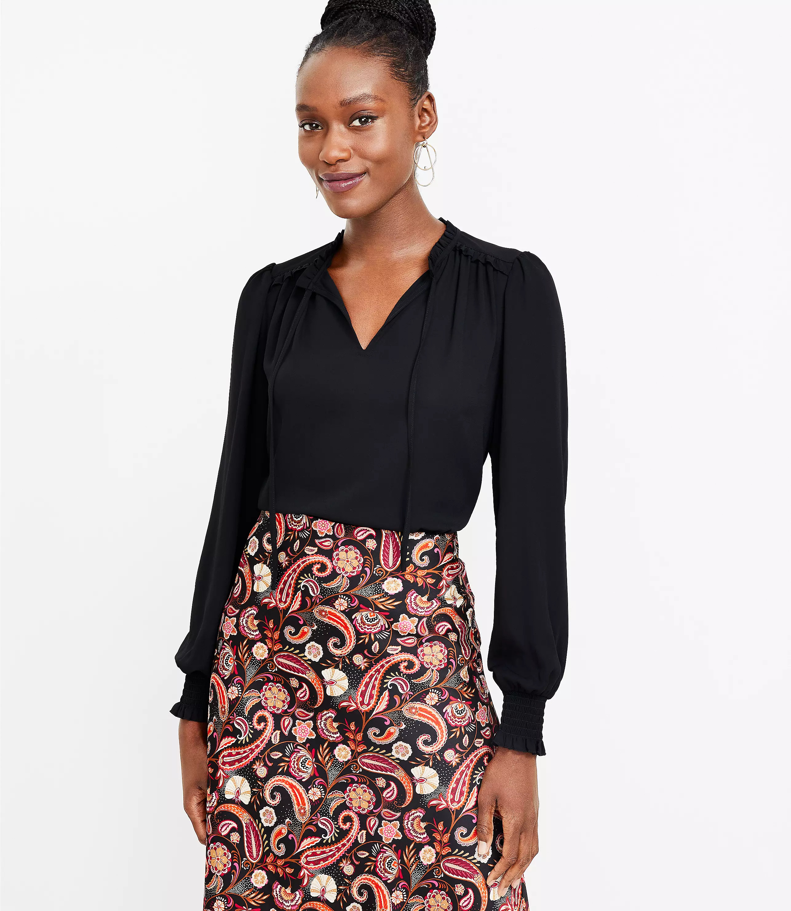 Smocked Cuff Tie Neck Mixed Media Blouse | LOFT