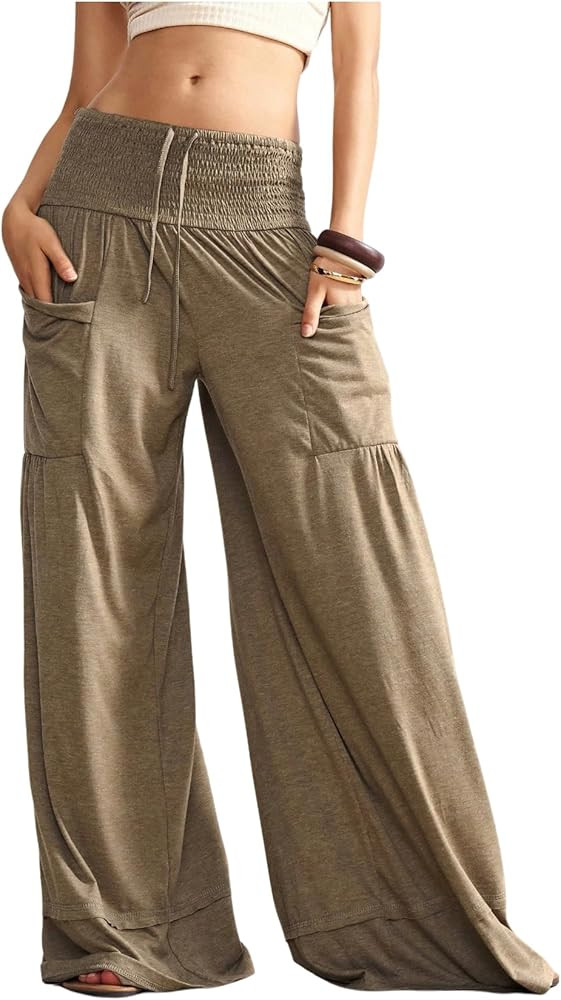 WDIRARA Women's Boho Smocked Waist Palazzo Pant Flowy Lounge Wide Leg Pants | Amazon (US)