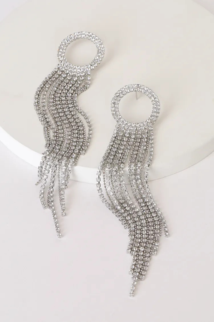 Luxe Moment Silver Rhinestone Fringe Earrings | Lulus (US)