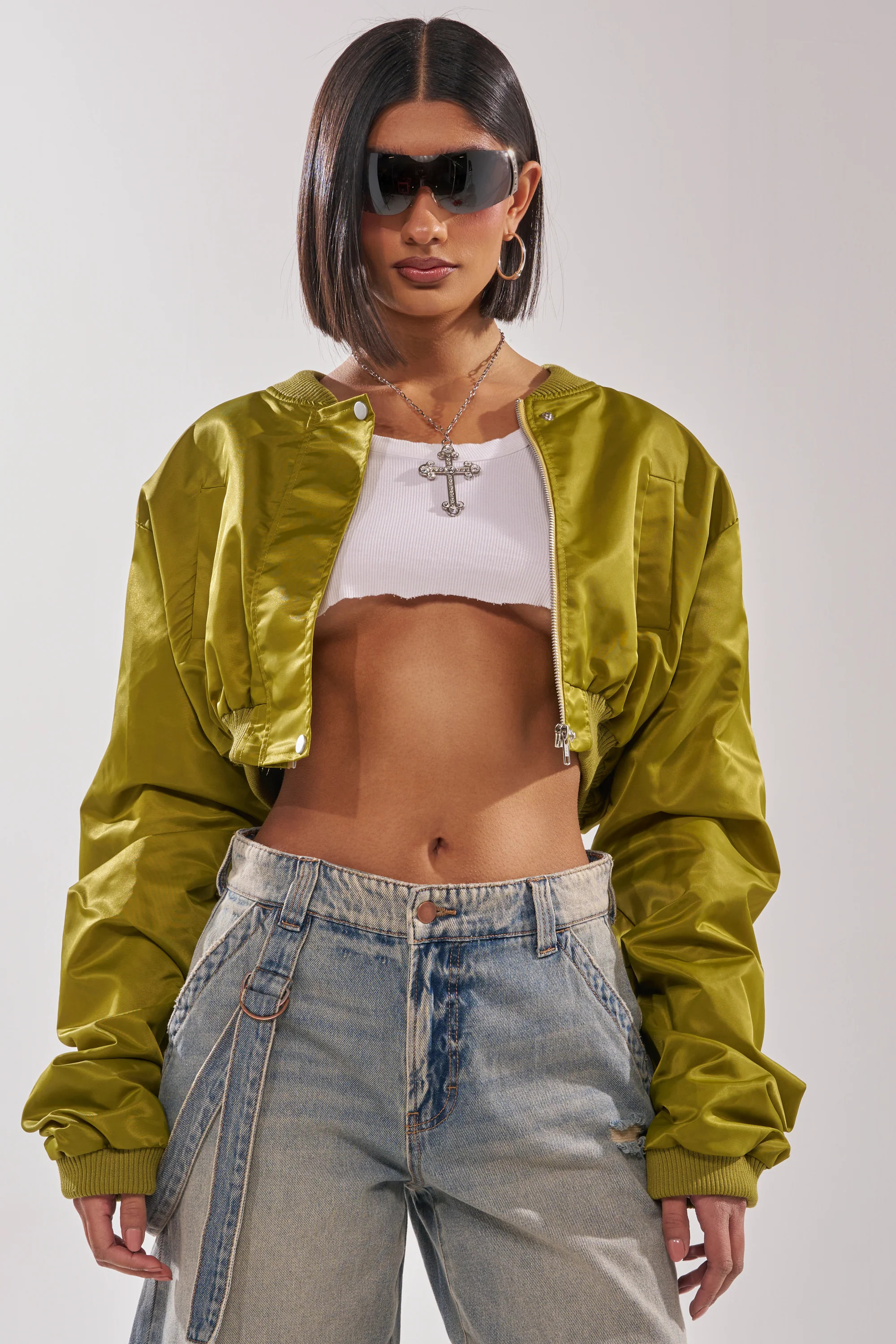 AKIRA Take It Easy Cropped Bomber Jacket | Green | Size Small | AKIRA