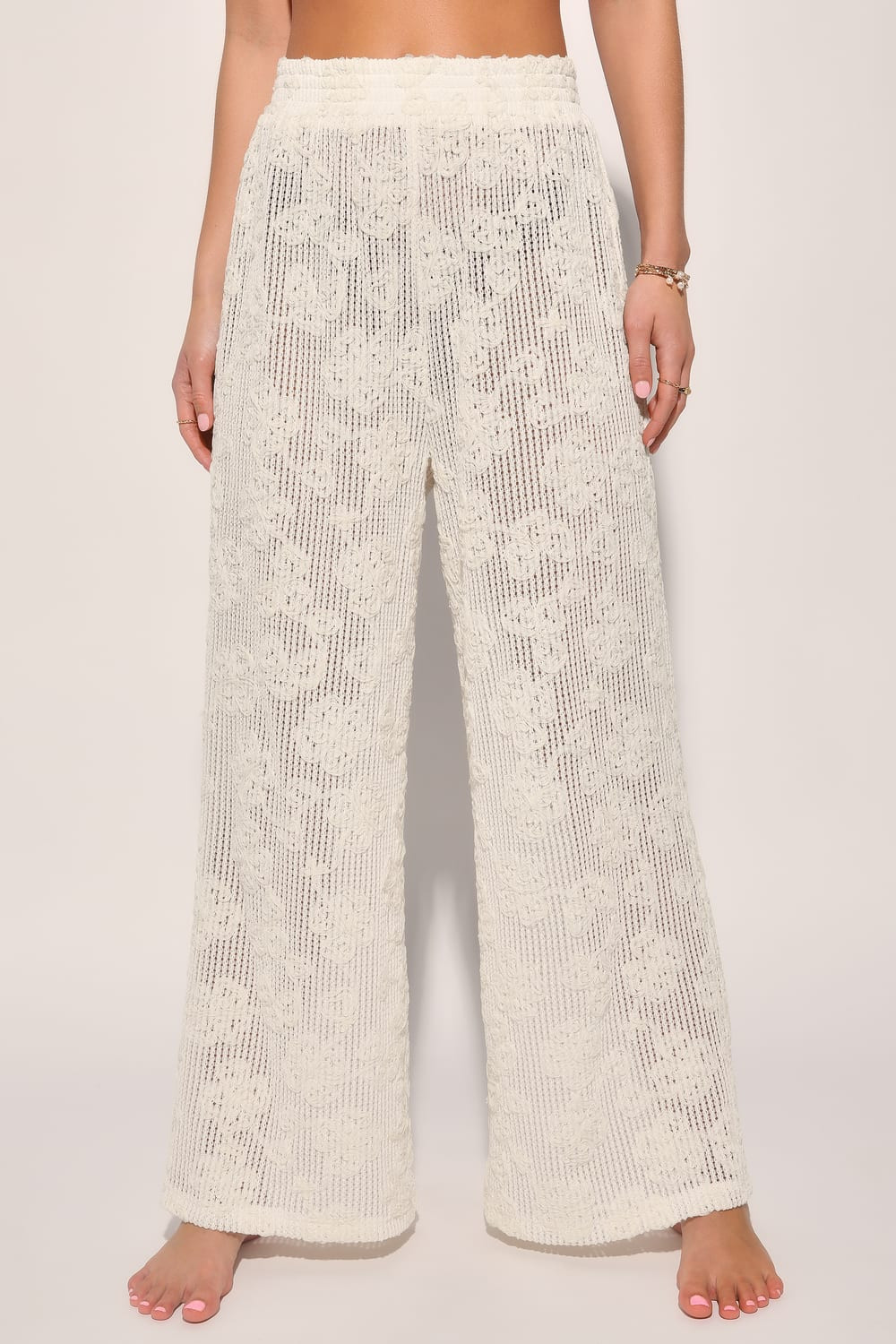 Sandy Sweetie Ivory Sheer Floral Applique Swim Cover-Up Pants | Lulus