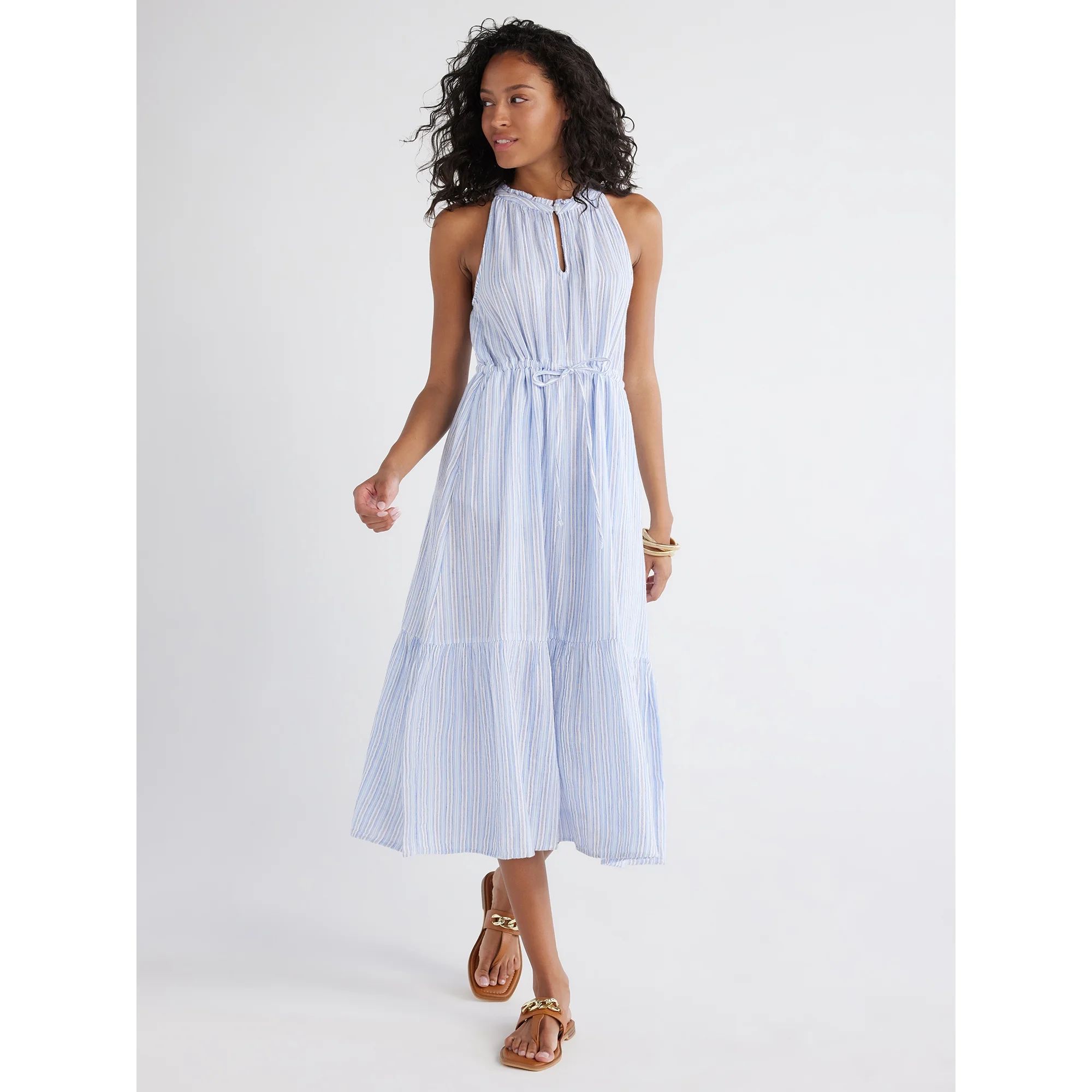 Time and Tru Women's Sleeveless Cotton Midi Dress with Flounce Hem, Sizes 1X-4X | Walmart (US)