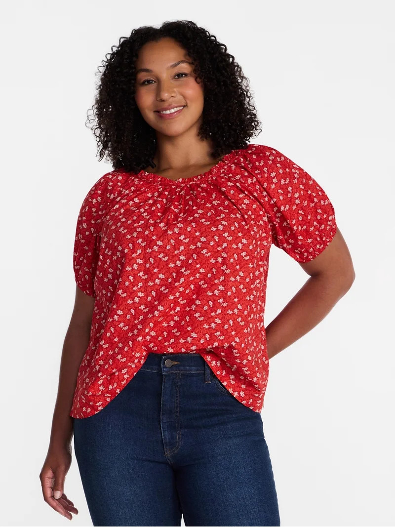 Time and Tru Women's Ruffle Neck Cotton Top with Short Puff Sleeves, Sizes XS-XXXL | Walmart (US)