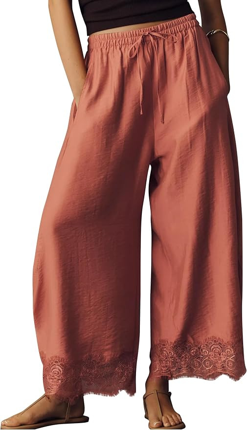 Flowy Lace Hem Wide Leg Pants for Women | Amazon (US)