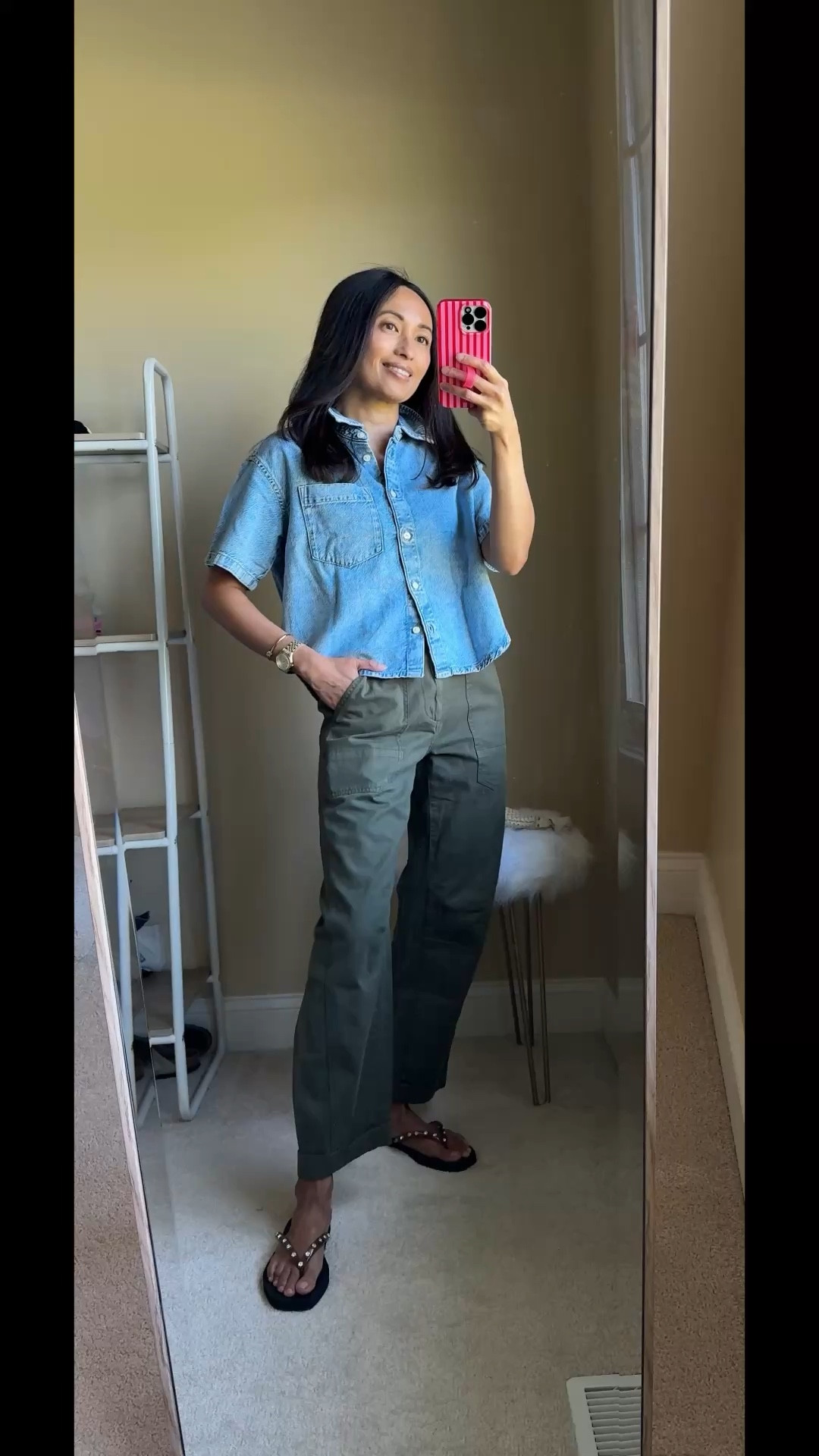 Spring outfits 2026. 
Cotton pants from @Pistola Denim on a rare sale. I love the cut and fit. Size down. 
Denim shirt true to size. 
Embellished flip flops true to size. 


#LTKOver40