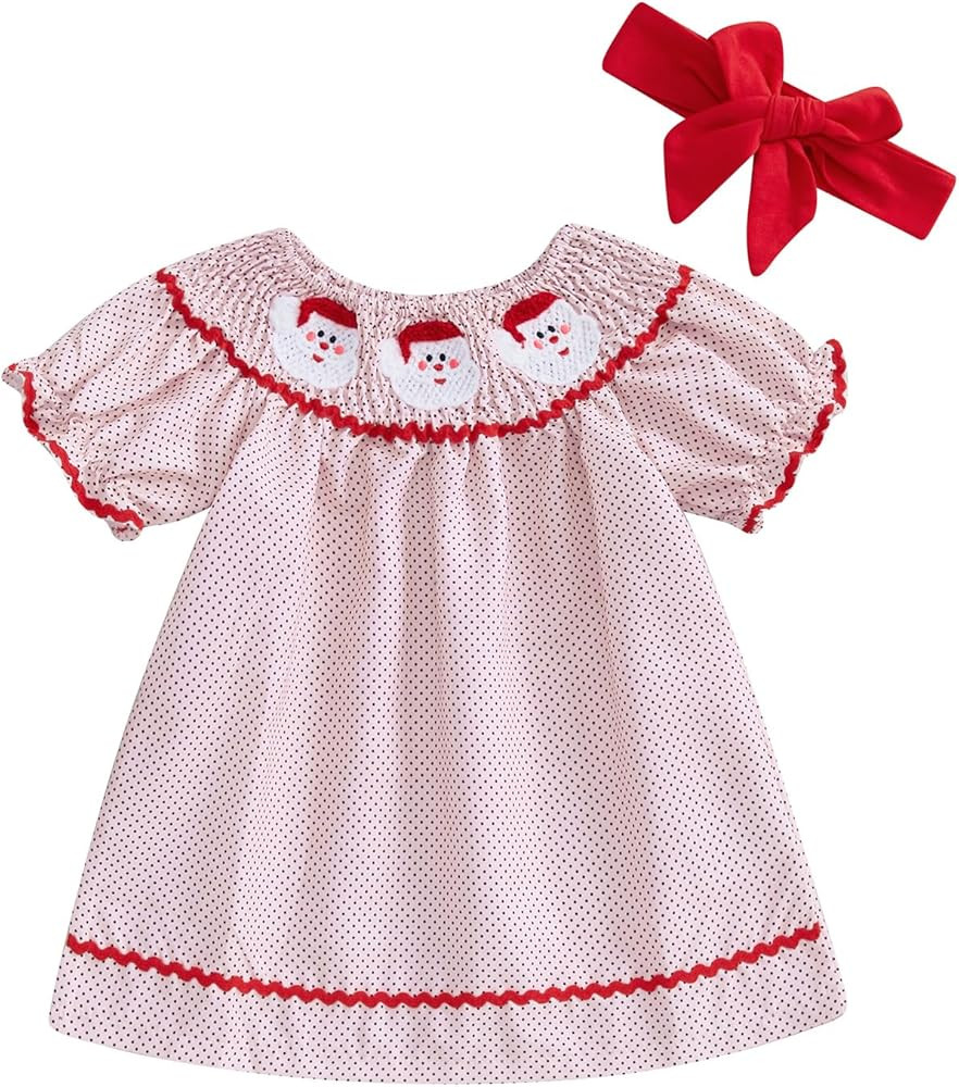 Madjtlqy Toddler Baby Girl Christmas Dress Outfit Santa Embroidery Short Sleeve Dress with Headba... | Amazon (US)