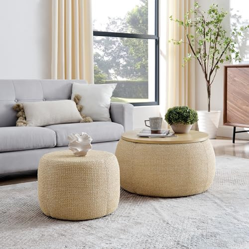 Gubaiao Rattan Fabric Round Storage Ottoman with 2-in-1 Function as End Table and Seat, Natural Color | Amazon (US)