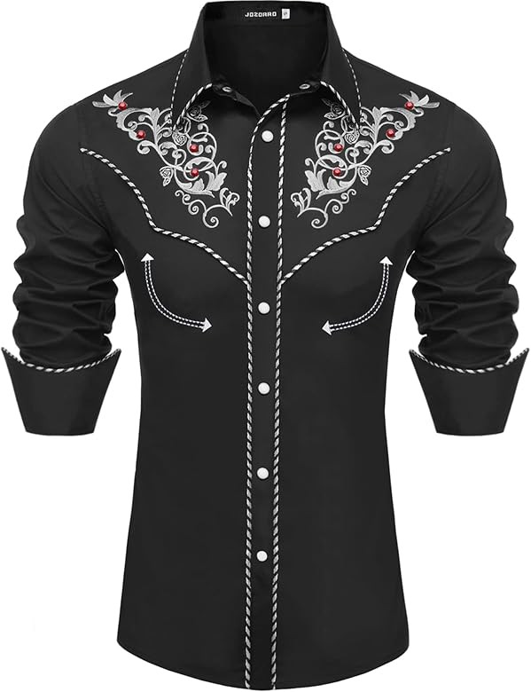 JoZorro Men's Long Sleeve Pearl Snap Shirt Rhinestone Cowboy Cut Western Embroidered Casual Butto... | Amazon (US)