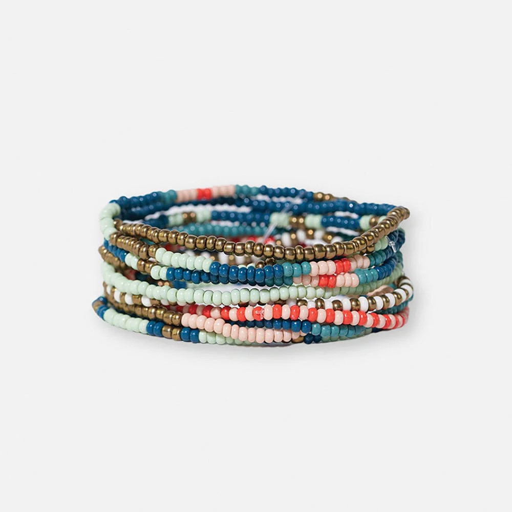 Sage Mixed Stripe Beaded 10 Strand Stretch Bracelet Set Teal + Poppy | INK+ALLOY