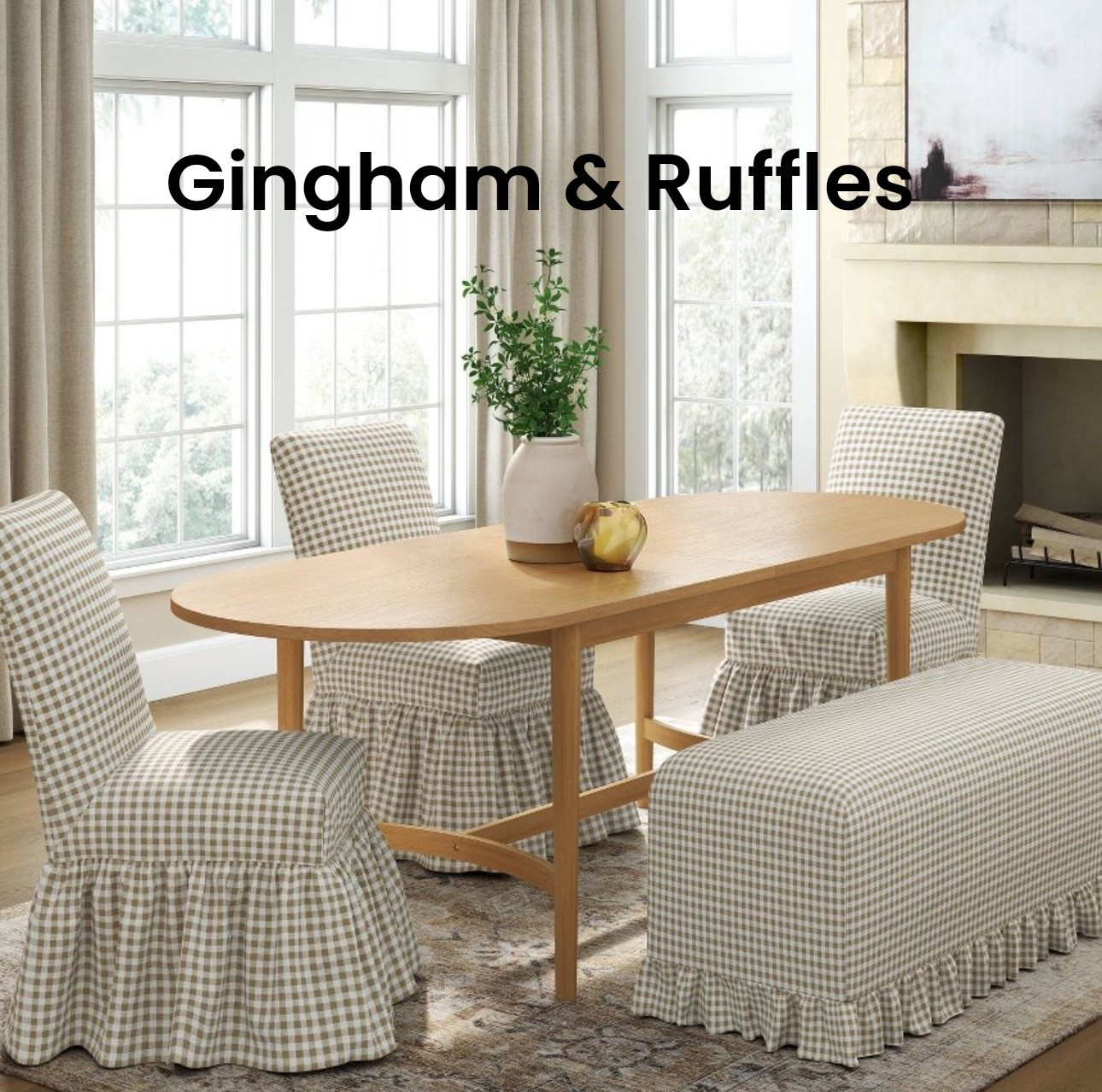 Gingham & ruffles!  
Some of the prettiest slipcovered dining chairs!  