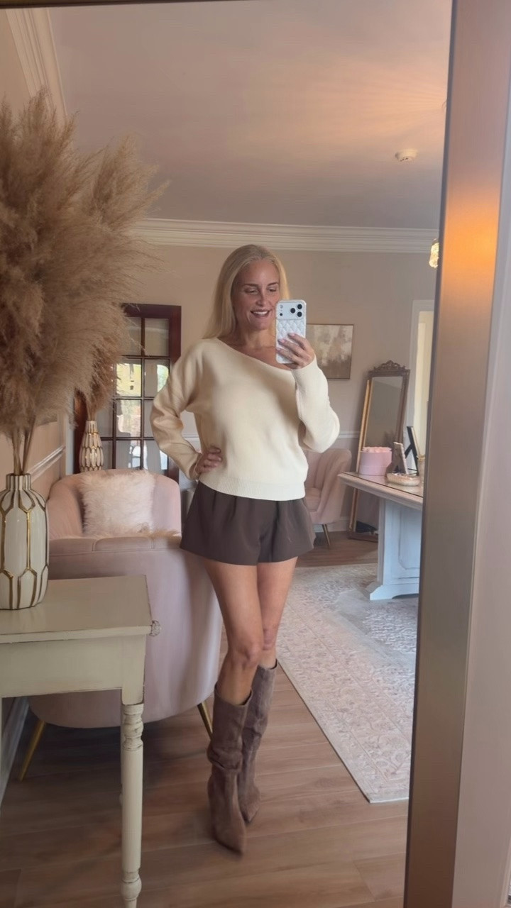 Love this cute lightweight off shoulder sweater and these brown trouser shorts are literally perfection. Wearing a small in both.

#LTKdayinmylife #LTKgrwm #LTKootd