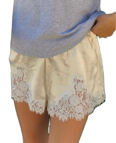 Women Silk Lace Shorts Satin Pajama Shorts Lace Trim Silk Boxers Culotte Slip Bottoms Lounge Sleep Pj Short (Floral Lace Champagne, S) | Amazon (US)