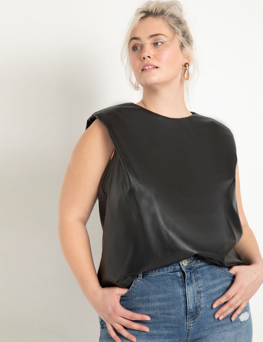 Faux Leather Strong Shoulder Tee | Women's Plus Size Tops | ELOQUII | Eloquii