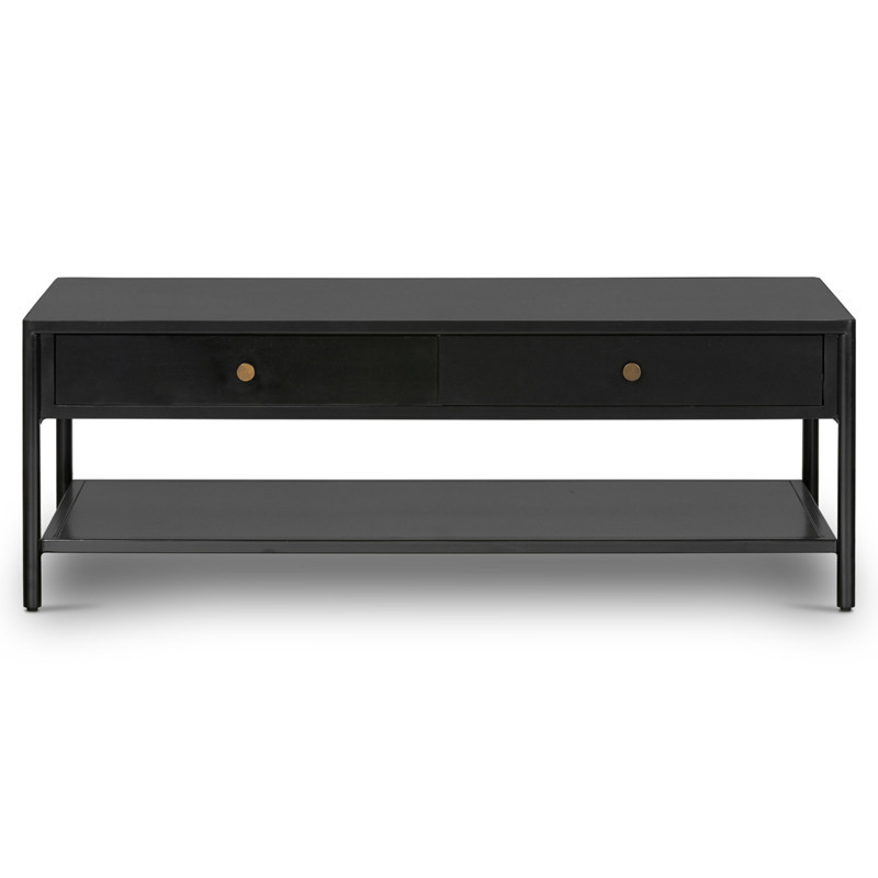 Sutton Industrial Black Iron 2 Drawer Shelving Rectangular Storage Coffee Table | Kathy Kuo Home