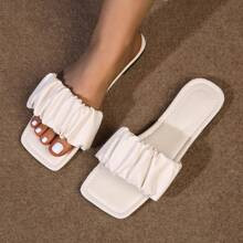 Elegant White Sandals For Women, Ruched Detail Slide Sandals | SHEIN