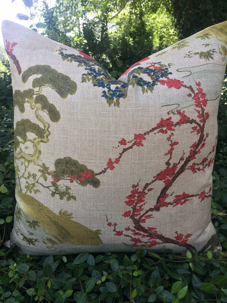 Botanical Chinoiserie Pillow Cover: Oriental Zen Linen Color | Etsy (US)