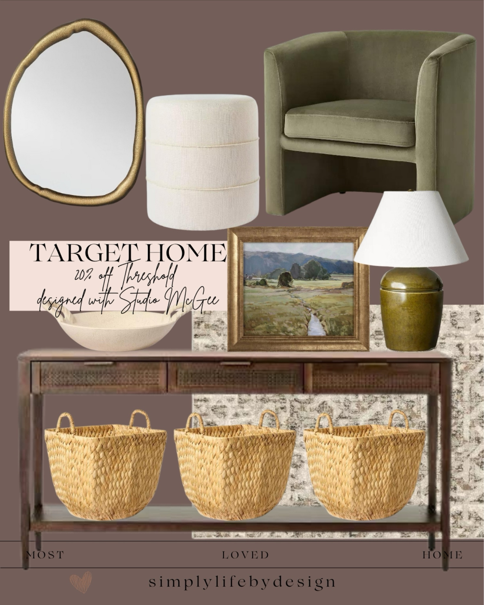 Target’s 20% off sale continues! Console styling, best selling barrel chair in green velvet, coordinating green lamp and small art. Add baskets under the console for all your extra blankets and pillows  

#LTKStyleTip #LTKSaleAlert #LTKHome