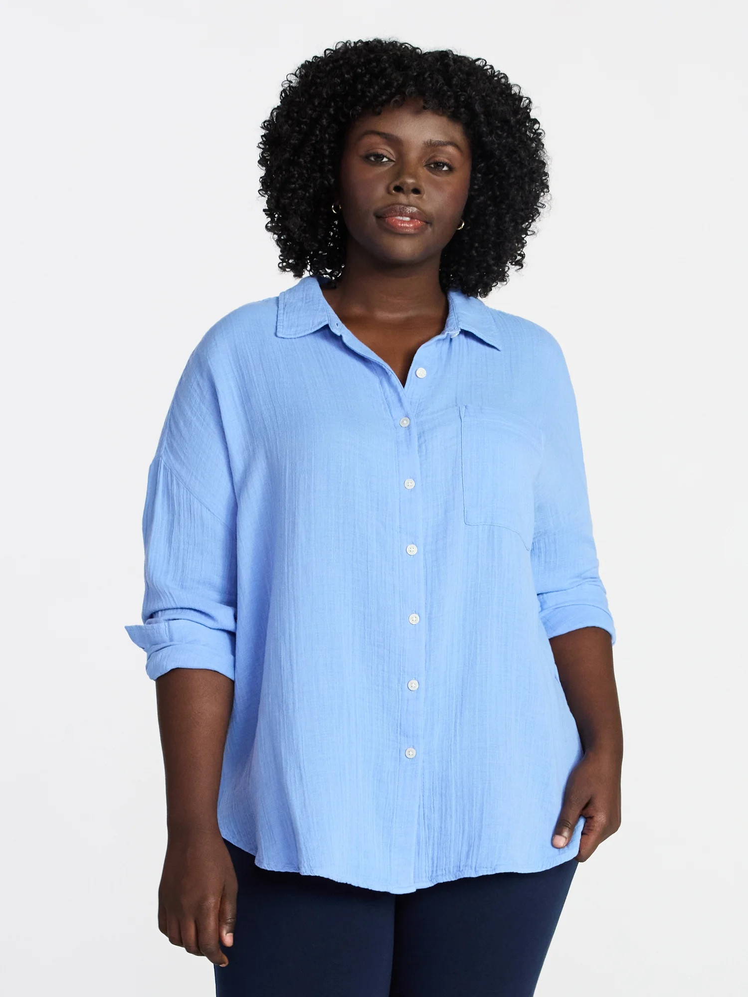 Terra & Sky Women's Plus Size Double Cloth Boyfriend Shirt, Sizes 0X-5X | Walmart (US)