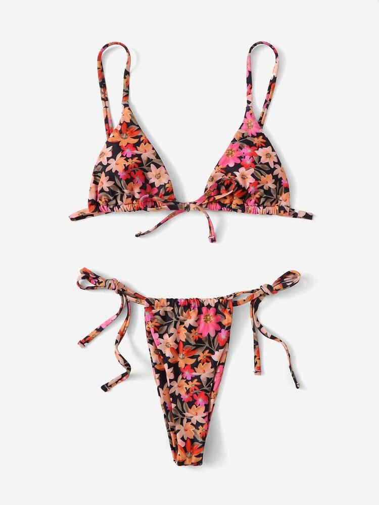 Floral Print Halter Triangle Thong Bikini Swimsuit | SHEIN
