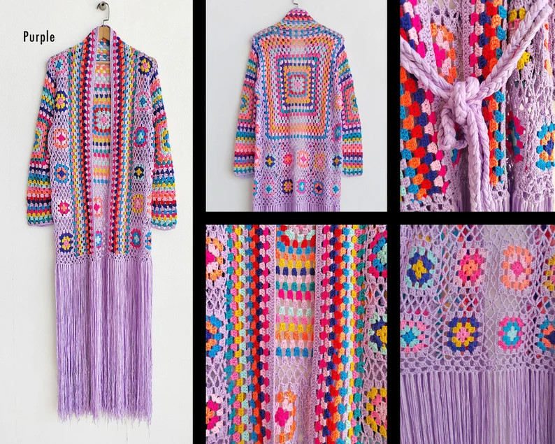 Granny Square Crochet Cardigan With Long Fringe - Etsy | Etsy (US)