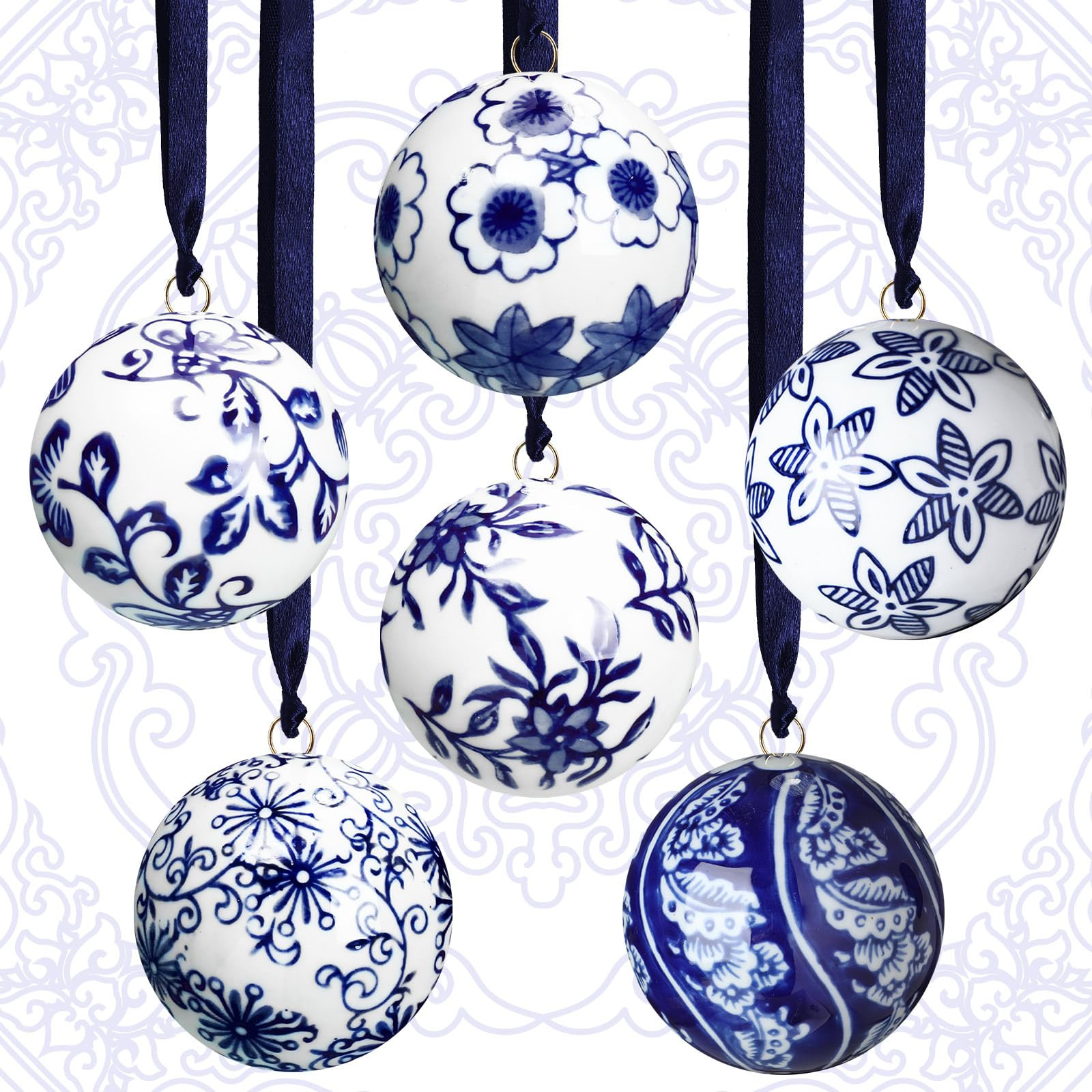 Cindeer 6 Pcs Blue and White Christmas Porcelain Balls 2.4 Inch Porcelain Chinoiserie Ornament Bu... | Amazon (US)