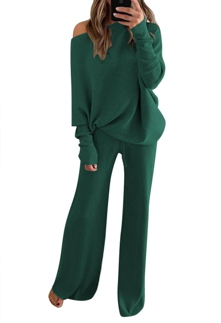 LaSuiveur Women's 2 Piece Outfits Sweater Set Long Sleeve Knit Pullover Wide Leg Pants Sweatsuit ... | Amazon (US)