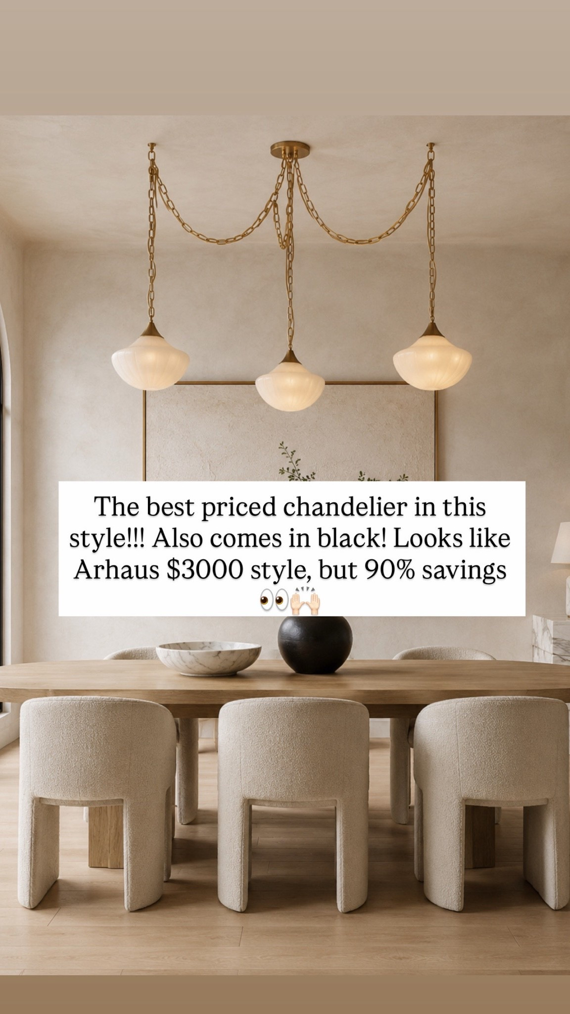 The best priced chandelier in this style!!! Also comes in black! Looks like Arhaus $3000 style, but 90% savings 👀🙌🏻
