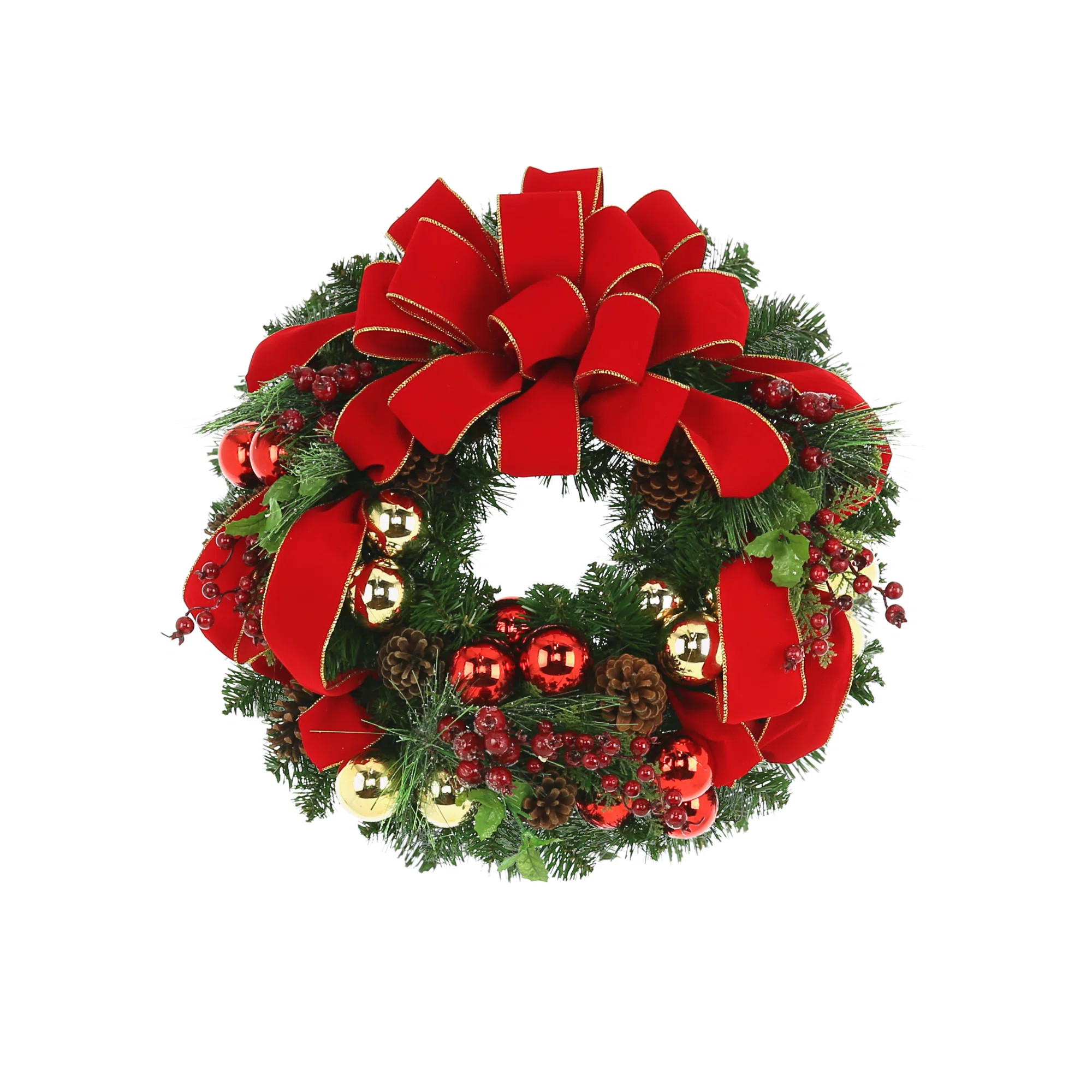 The Holiday Aisle® Holiday Wreath with Red and Gold Ornaments, Berries, Pinecones and Ribbon & R... | Wayfair North America