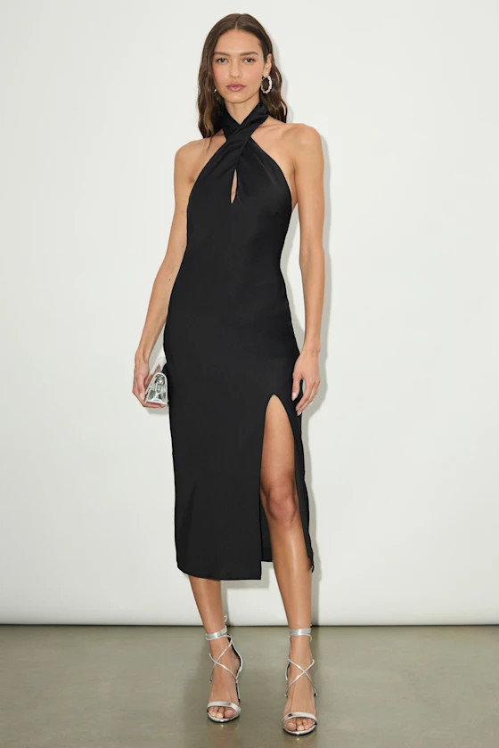 Beyond Classy Black Satin Halter Midi Dress | Lulus