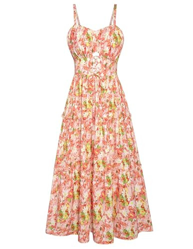 Women's 2026 Summer Floral Maxi Sun Dress Spaghetti Strap Flowy Ruffle Hem Long Boho Dresses with Pockets Green Floral 2XL | Amazon (US)