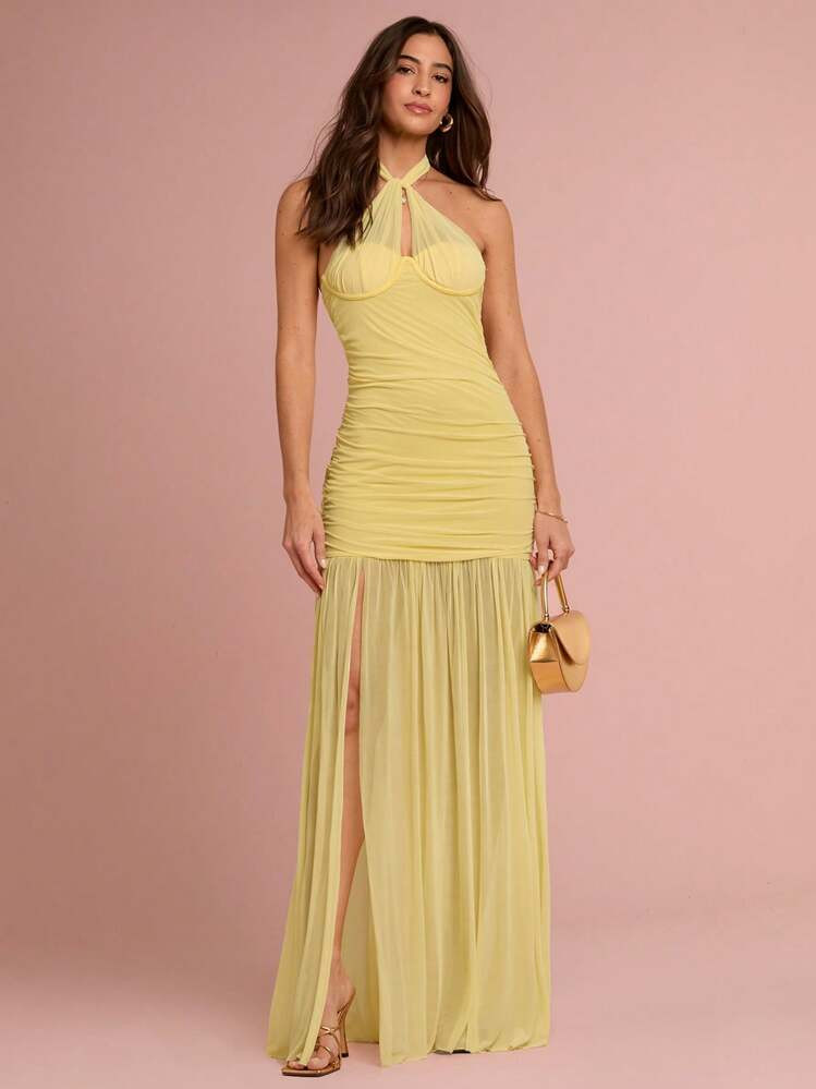 Enchnt Spring/Summer Romantic Women's Sunshine Yellow Ruched Kink High Slit Bowknot Halter Neck Backless Maxi Dress,Sweet&Elegant&Sexy For Vacation&Date&Holiday&Party&Graduation&Wedding Guest&Beach&Banquet,Prom Dress,Summer Dresses For Women,Sun Dresses For Women,Summer Clothes, ,Elegant Dresses For Party,Butter Yellow Dress | SHEIN