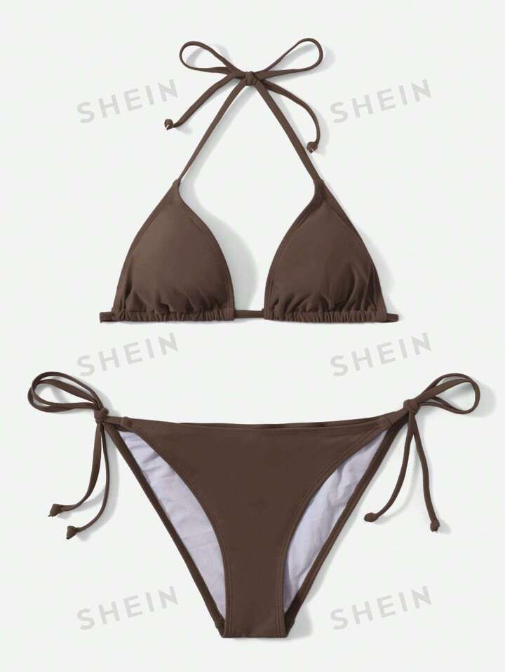 SHEIN Swim Summer Beach Solid Triangle Tie Side Bikini Set | SHEIN