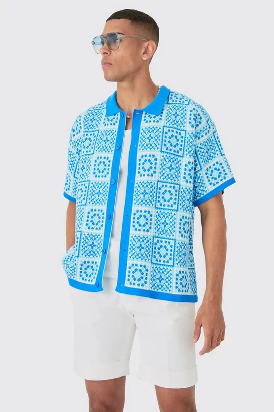 Oversized Boxy Crochet Knitted Shirt | boohooMAN (US & Canada)
