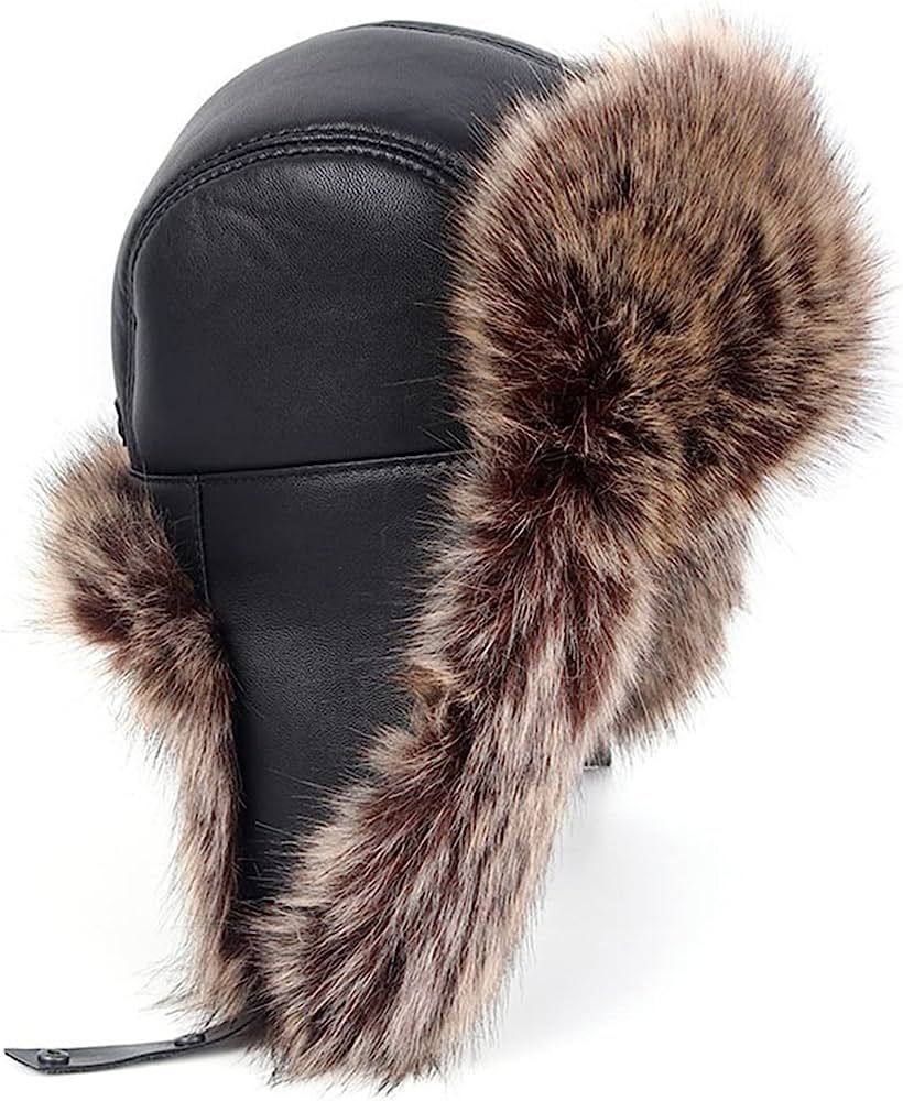 Leather Hat Adjustable Winter Leather Faux Russian Hat Men Soviet Bomber Hats Earflaps Snow Cap f... | Amazon (US)