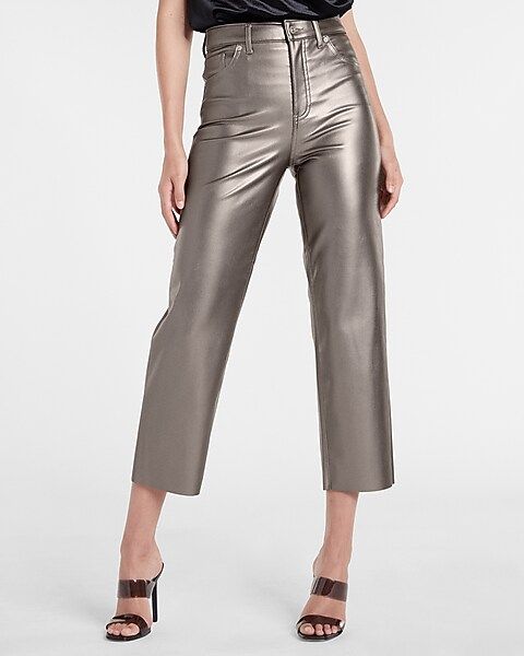 Super High Waisted Metallic Faux Leather Straight Leg Pant | Express