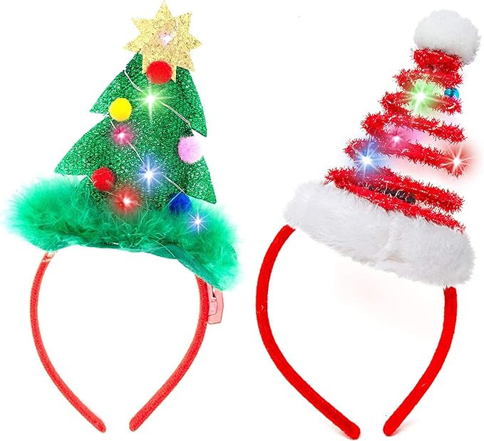 2 Pcs Lighted Christmas Headbands with LED lights in Springy Santa Hat& Christmas Tree Designs fo... | Amazon (US)