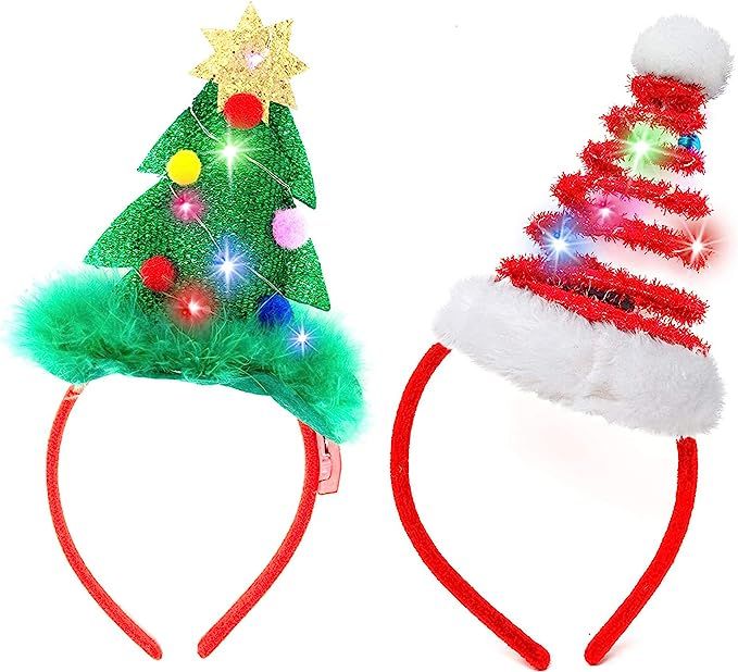 2 Pcs Lighted Christmas Headbands with LED lights in Springy Santa Hat& Christmas Tree Designs fo... | Amazon (US)