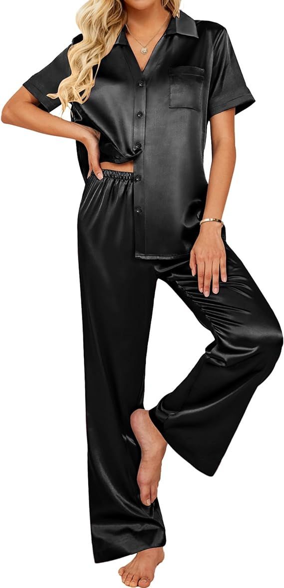 Ekouaer Silk Pajamas Womens Satin Button Down Shirts Pjs Wide Leg Long Pants Sleepwear 2 Piece Lo... | Amazon (US)