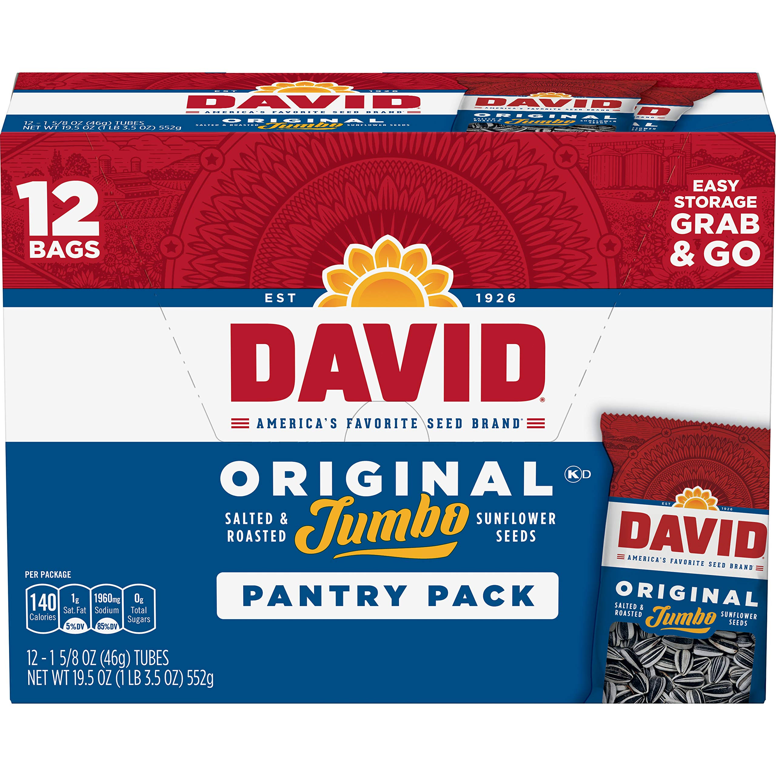 David Seeds Salted & Roasted Original Jumbo Sunflower Seeds, 1.65 oz. (12 Count) Pantry Pack | Amazon (US)