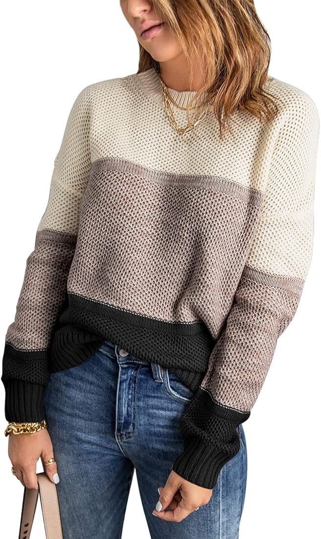 Dokotoo Womens Color Block Sweaters Long Sleeve Crewneck Pullover Knit Jumper Tops | Amazon (US)